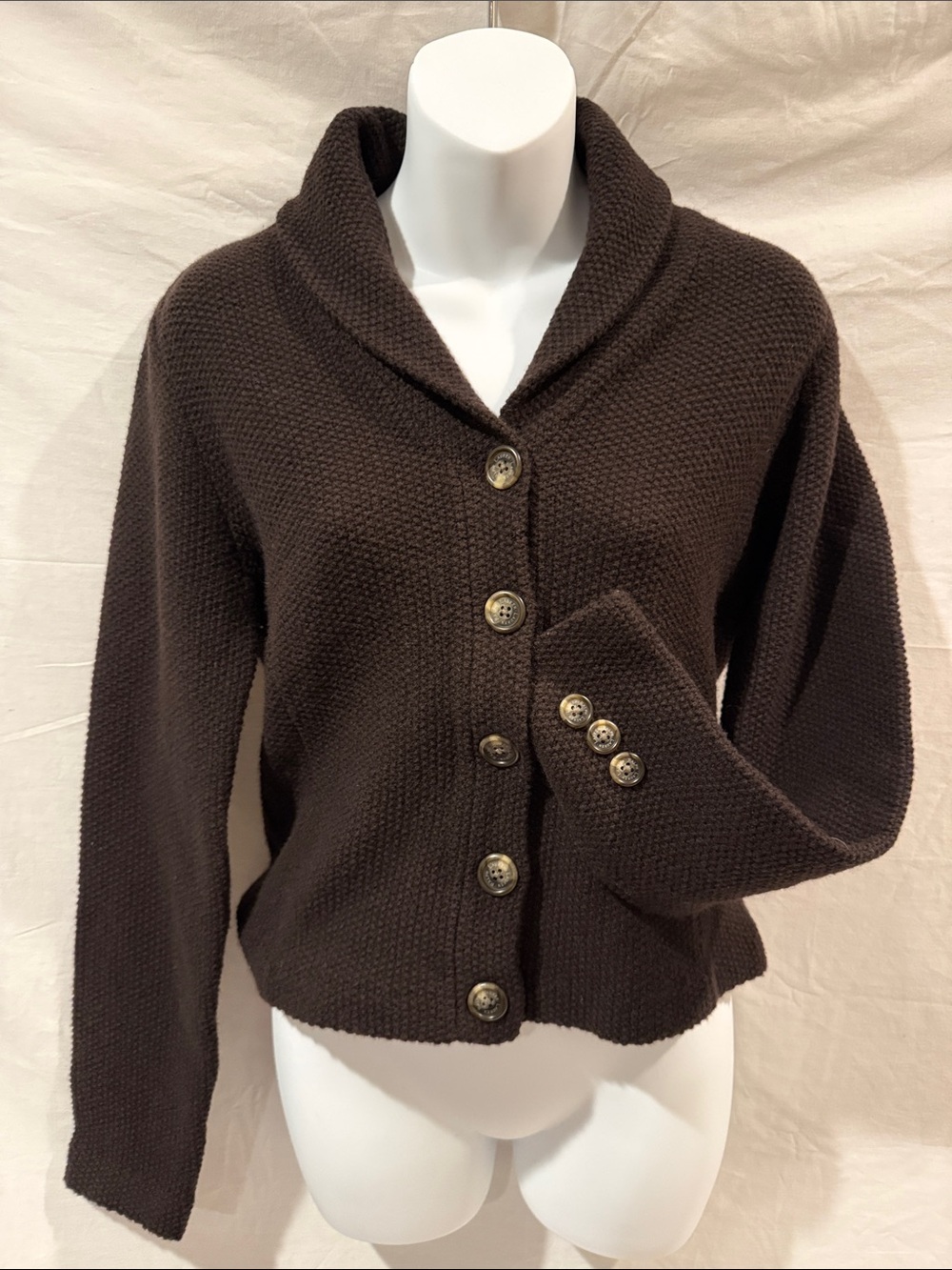 Ralph Lauren, Dark Brown Shawl Collar Button-Front Women's Sweater.